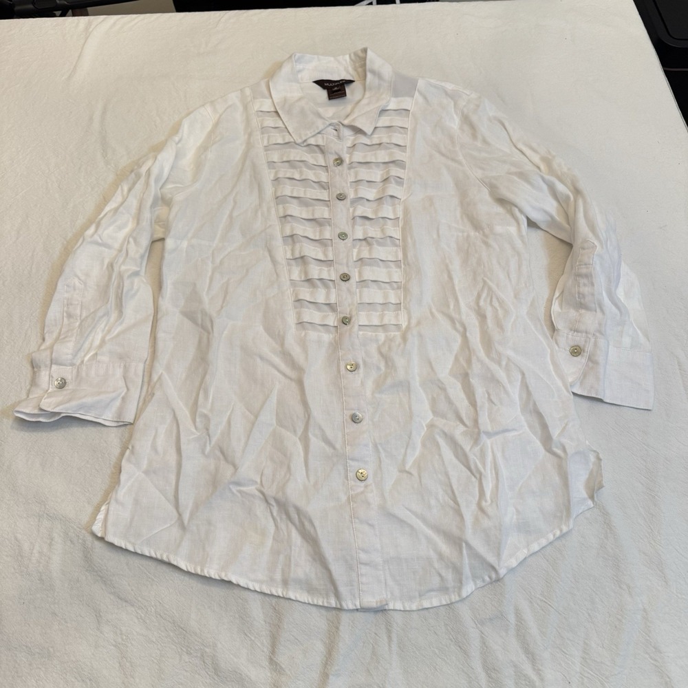 Multiples Women Medium White 100% Linen Button Down Pleat Tunic Lagenlook